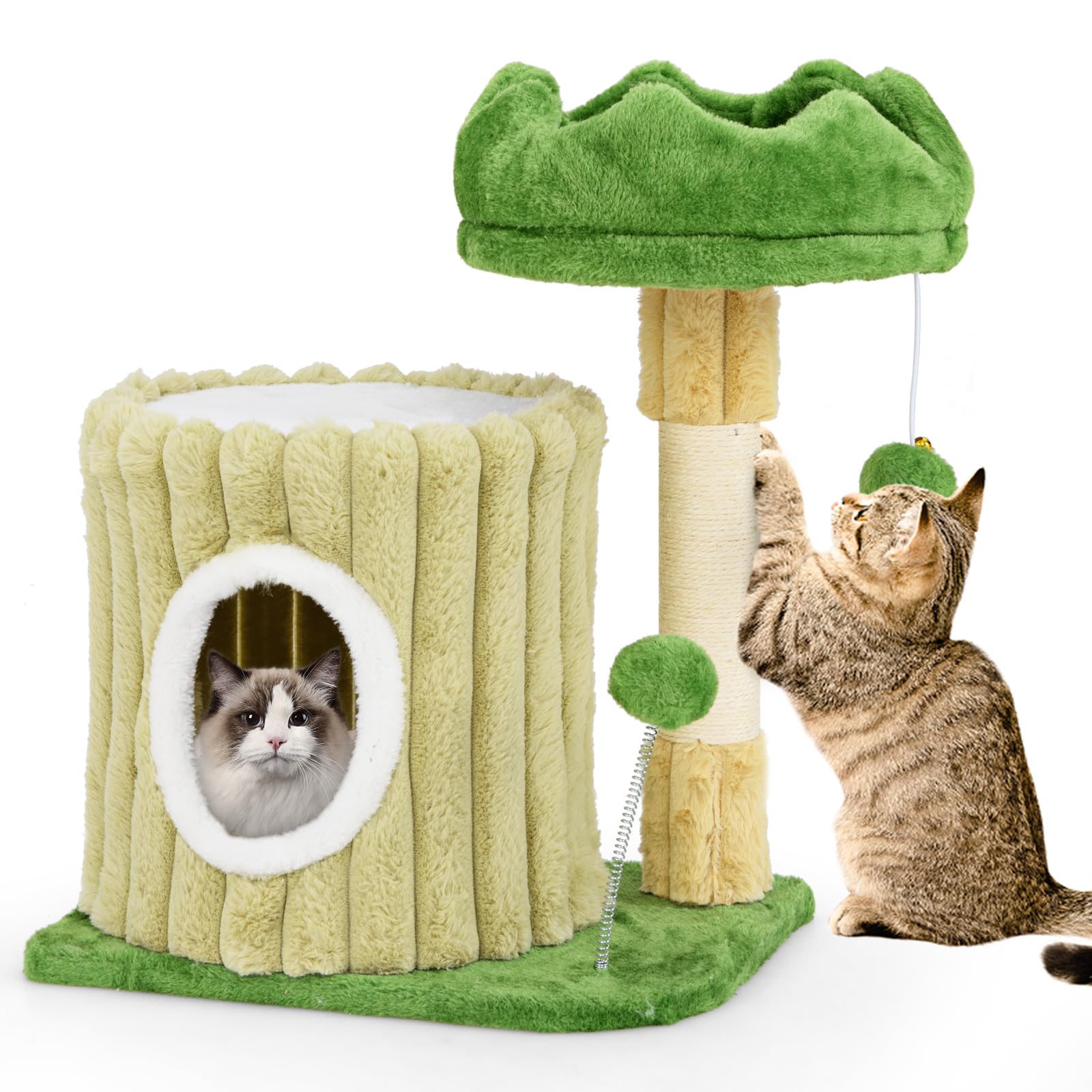 Arbre à chat compact Tangkula, Tour à chat verte avec condo privé, perchoir supérieur moelleux, pompon suspendu et jouet à ressort
